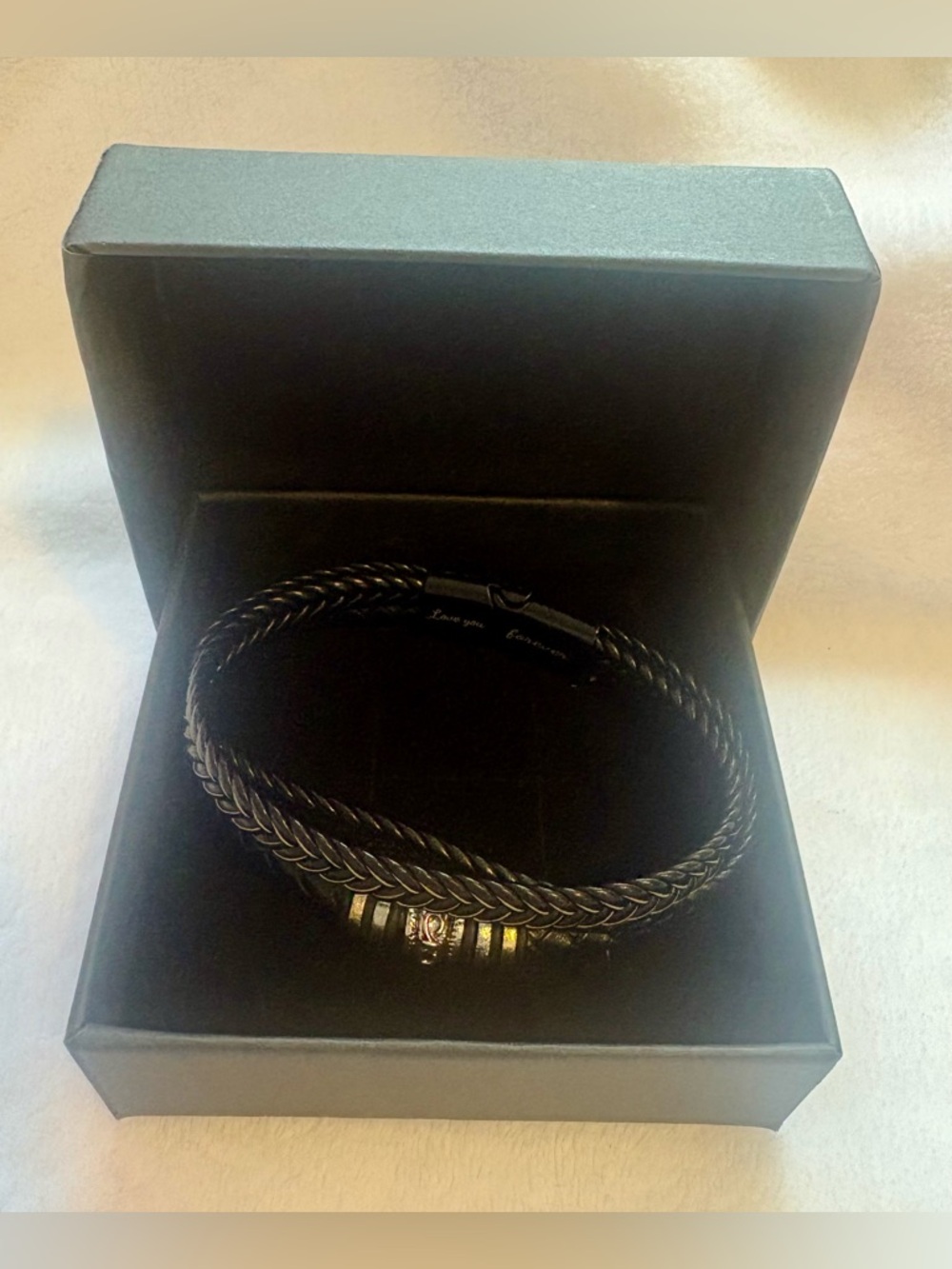 Black Braided Leather Bracelet with Metal Accent